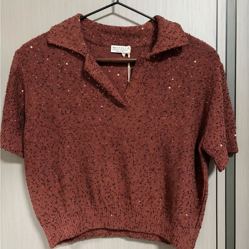 Brunello Cucinelli Sequin-Embellished Rust Knit Polo